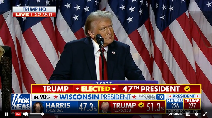 Ông Donald Trump xuất hiện trước công chúng lúc rạng sáng ngày 6-11, giờ Mỹ, sau khi thống kê từ các cơ quan truyền thông cho thấy ông đã chiến thắng trong cuộc bầu cử tổng thống Mỹ năm 2024 - Ảnh chụp màn hình từ livestream của FOX NEWS Ông Donald Trump xuất hiện trước công chúng lúc rạng sáng ngày 6-11, giờ Mỹ, sau khi thống kê từ các cơ quan truyền thông cho thấy ông đã chiến thắng trong cuộc bầu cử tổng thống Mỹ năm 2024 - Ảnh chụp màn hình từ livestream của FOX NEWS