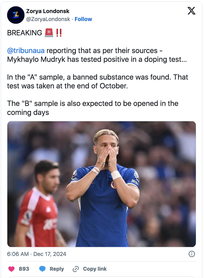 Mykhailo Mudryk dính doping, có nguy cơ bị treo giò như Pogba- Ảnh 1. Mykhailo Mudryk dính doping, có nguy cơ bị treo giò như Pogba- Ảnh 1.