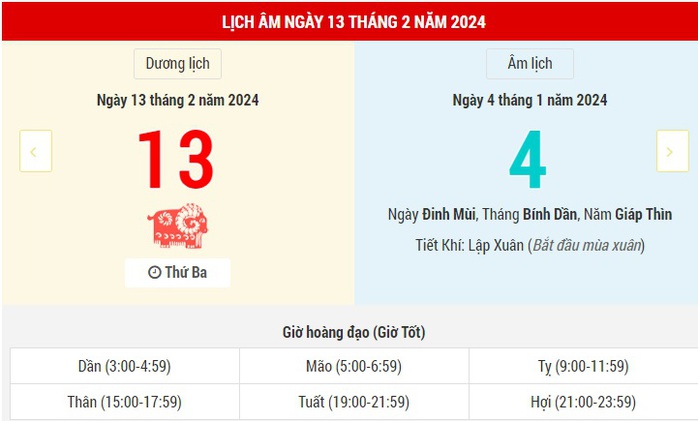Lịch Âm hôm nay (13-2): Mùng 4 Tết, ngày rất tốt!- Ảnh 1. Lịch Âm hôm nay (13-2): Mùng 4 Tết, ngày rất tốt!- Ảnh 1.