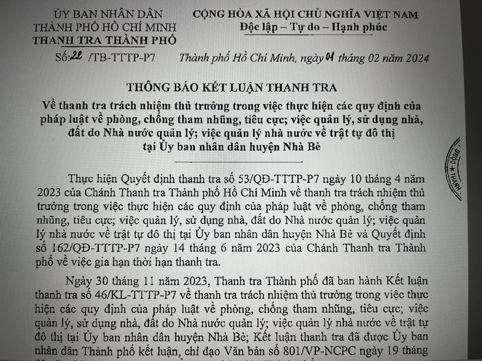 Vì sao thanh tra trách nhiệm tại UBND huyện Nhà Bè?- Ảnh 1. Vì sao thanh tra trách nhiệm tại UBND huyện Nhà Bè?- Ảnh 1.