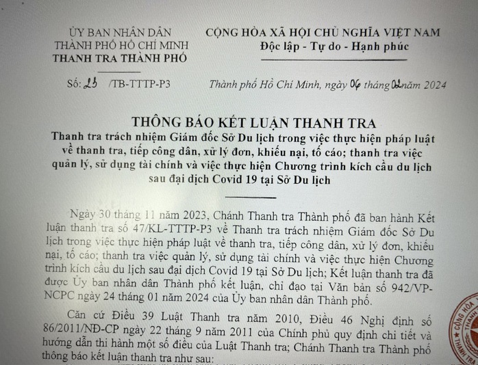 Kết luận về thanh tra trách nhiệm Giám đốc Sở Du lịch TP HCM- Ảnh 1.
