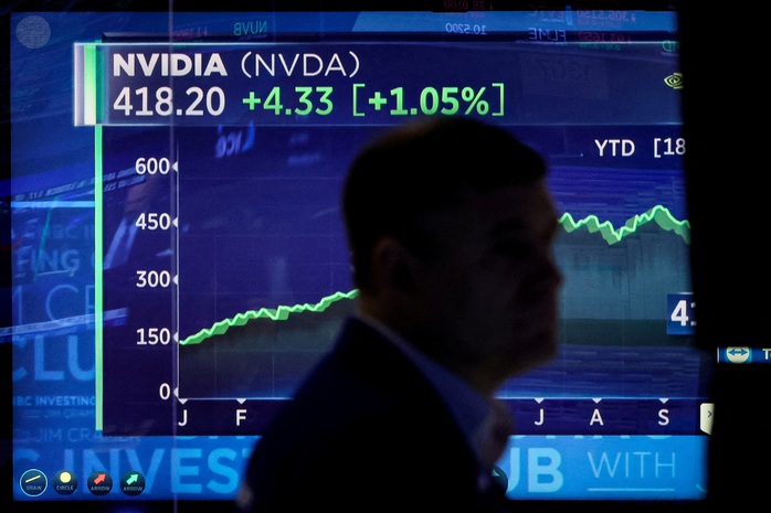 Cổ phiếu của Nvidia trong một phiên giao dịch gần đây trên sàn chứng khoán New York (Mỹ) Ảnh: REUTERS Cổ phiếu của Nvidia trong một phiên giao dịch gần đây trên sàn chứng khoán New York (Mỹ) Ảnh: REUTERS