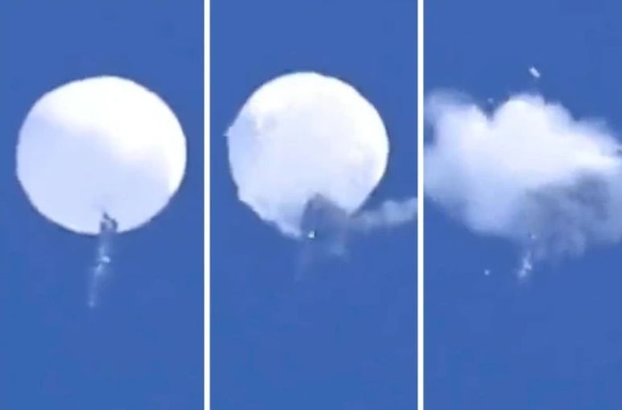 Thời điểm trước và sau khi khinh khí cầu do thám của Trung Quốc trúng tên lửa AIM-9X khai hỏa từ tiêm kích F-22 Raptor của Mỹ hồi tháng 2-2023. Ảnh: Hải quân Mỹ Thời điểm trước và sau khi khinh khí cầu do thám của Trung Quốc trúng tên lửa AIM-9X khai hỏa từ tiêm kích F-22 Raptor của Mỹ hồi tháng 2-2023. Ảnh: Hải quân Mỹ