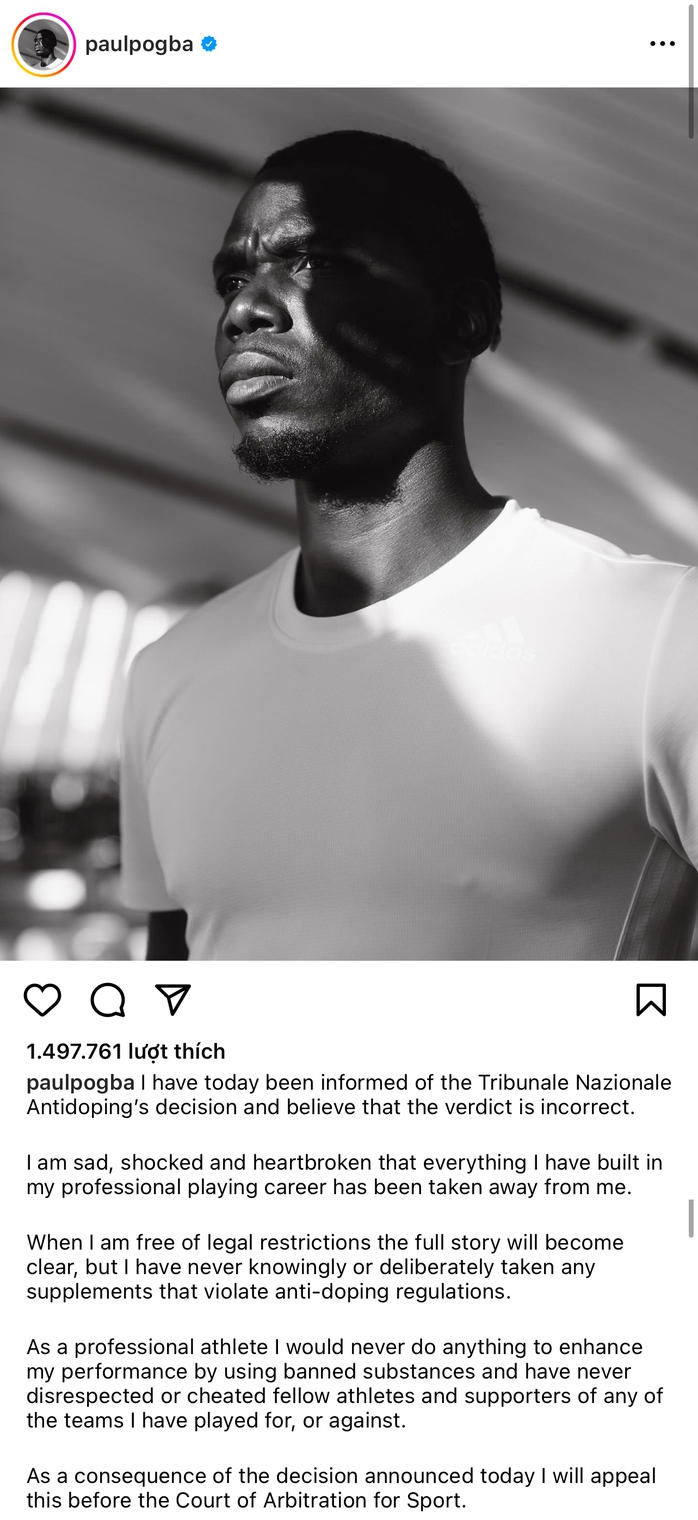 Pogba tuyên bố "đấu đến cùng" sau án phạt cấm 4 năm- Ảnh 1. Pogba tuyên bố "đấu đến cùng" sau án phạt cấm 4 năm- Ảnh 1.