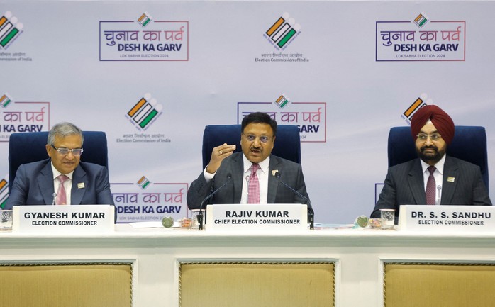 Cuộc họp báo của Ủy ban Bầu cử Ấn Độ tại thủ đô New Delhi hôm 16-3 Ảnh: REUTERS