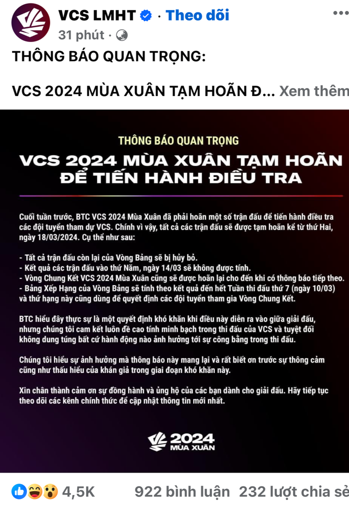 Esport: VCS 2024 tạm hoãn, tiến hành điều tra dấu hiệu tiêu cực- Ảnh 1. Esport: VCS 2024 tạm hoãn, tiến hành điều tra dấu hiệu tiêu cực- Ảnh 1.