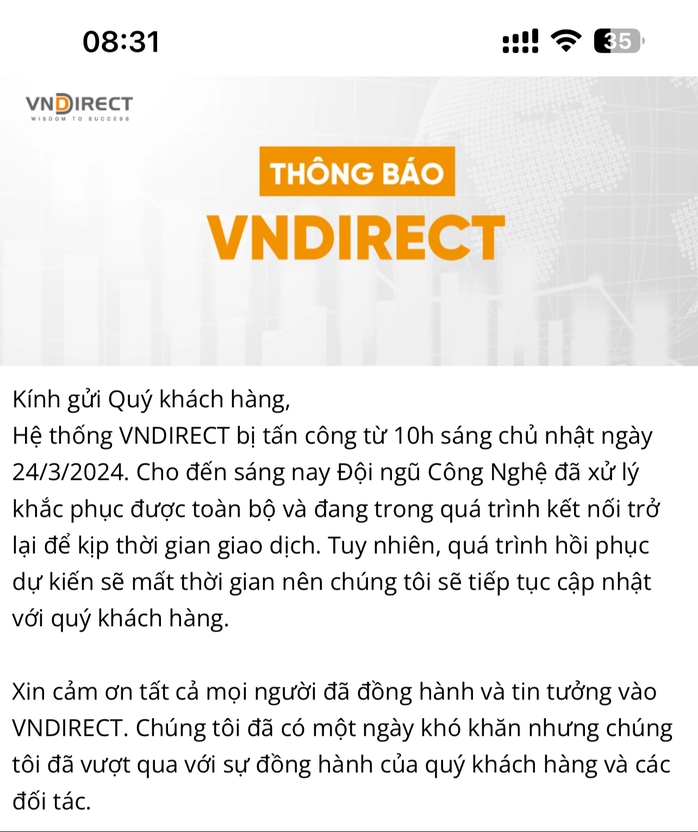 Đến lượt HoSE tạm thời ngắt kết nối giao dịch với Chứng khoán VNDirect
- Ảnh 1. Đến lượt HoSE tạm thời ngắt kết nối giao dịch với Chứng khoán VNDirect
- Ảnh 1.