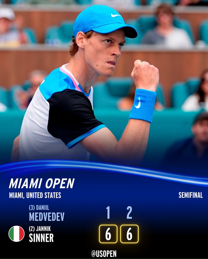 Sinner thắng dễ Medvedev, xác định cặp đấu chung kết Miami Open- Ảnh 1. Sinner thắng dễ Medvedev, xác định cặp đấu chung kết Miami Open- Ảnh 1.