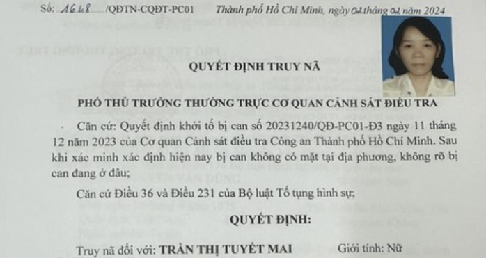 Công an TP HCM truy nã Trần Thị Tuyết Mai- Ảnh 1. Công an TP HCM truy nã Trần Thị Tuyết Mai- Ảnh 1.