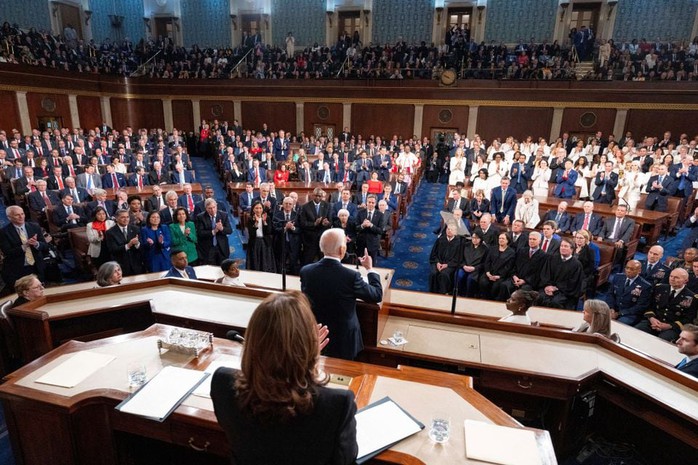 Ông Biden có bài phát biểu kéo dài 1 tiếng 7 phút hôm 7-3. Ảnh: Reuters Ông Biden có bài phát biểu kéo dài 1 tiếng 7 phút hôm 7-3. Ảnh: Reuters