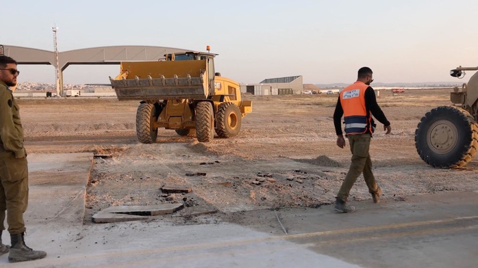 A view of a damaged area, after Iran's mass drone and missile attack, at a location given as Nevatim Airbase, Israel, in this screengrab taken from a handout video released April 14, 2024. Israel Defense Forces/Handout via REUTERS THIS IMAGE HAS BEEN SUPPLIED BY A THIRD PARTY A view of a damaged area, after Iran's mass drone and missile attack, at a location given as Nevatim Airbase, Israel, in this screengrab taken from a handout video released April 14, 2024. Israel Defense Forces/Handout via REUTERS THIS IMAGE HAS BEEN SUPPLIED BY A THIRD PARTY