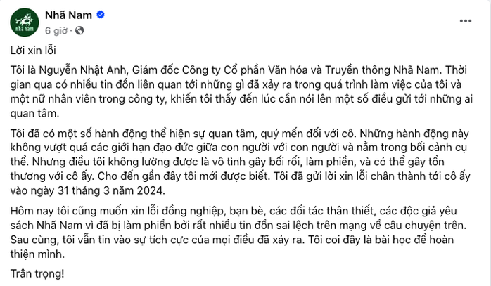 Giám đốc Nhã Nam xin lỗi sau khi có thông tin "quấy rối nhân viên nữ"- Ảnh 1. Giám đốc Nhã Nam xin lỗi sau khi có thông tin "quấy rối nhân viên nữ"- Ảnh 1.
