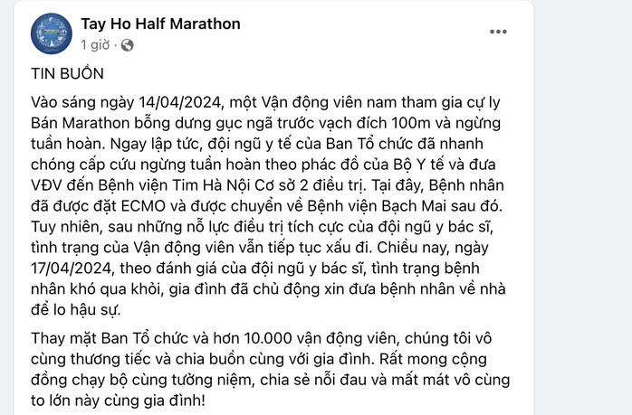 Vận động viên ngừng tim tại giải chạy Tay Ho Marathon không qua khỏi- Ảnh 1. Vận động viên ngừng tim tại giải chạy Tay Ho Marathon không qua khỏi- Ảnh 1.