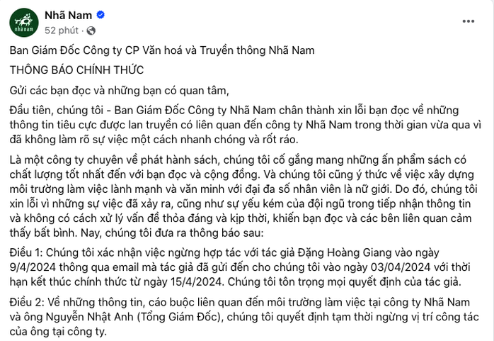 Tổng Giám đốc Nhã Nam tạm thời dừng công việc sau thông tin Tổng Giám đốc Nhã Nam tạm thời dừng công việc sau thông tin
