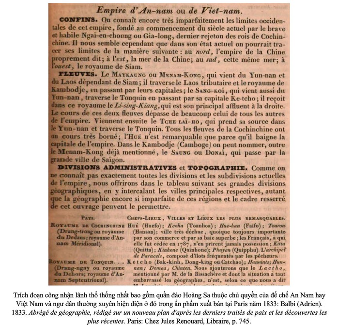 Trích đoạn trong ấn phẩm “Địa lý tóm tắt” của học giả Adrien Balbi xuất bản tại Paris - Pháp năm 1833, được ThS Nguyễn Quang Trung Tiến sưu tầm, nghiên cứu Trích đoạn trong ấn phẩm “Địa lý tóm tắt” của học giả Adrien Balbi xuất bản tại Paris - Pháp năm 1833, được ThS Nguyễn Quang Trung Tiến sưu tầm, nghiên cứu