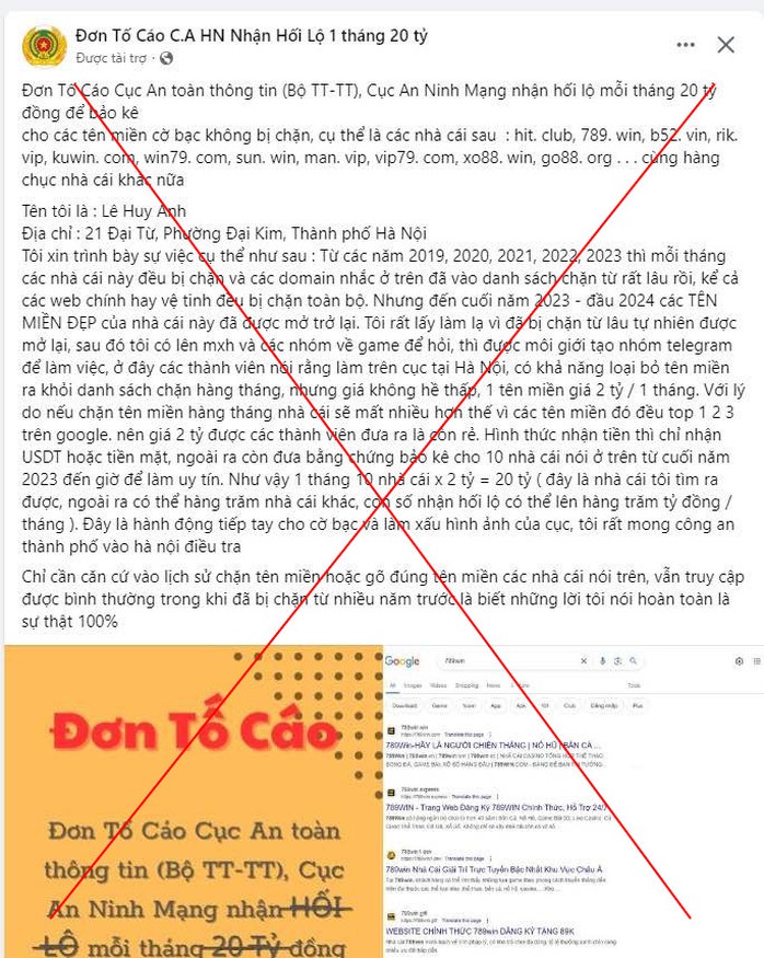 Thủ đoạn phát tán "đơn tố cáo" trên Facebook để quảng cáo web đánh bạc - Ảnh 1. Thủ đoạn phát tán "đơn tố cáo" trên Facebook để quảng cáo web đánh bạc - Ảnh 1.