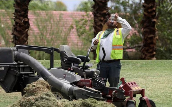 Một người làm vườn uống nước giữa nắng nóng ở Palm Springs, bang California - Mỹ Ảnh: REUTERS Một người làm vườn uống nước giữa nắng nóng ở Palm Springs, bang California - Mỹ Ảnh: REUTERS