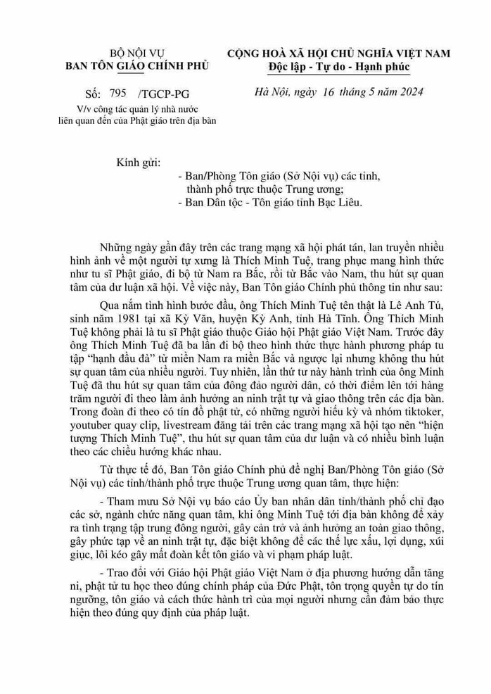 Ban Tôn giáo Chính phủ thông tin về "sư Thích Minh Tuệ"- Ảnh 2. Ban Tôn giáo Chính phủ thông tin về "sư Thích Minh Tuệ"- Ảnh 2.