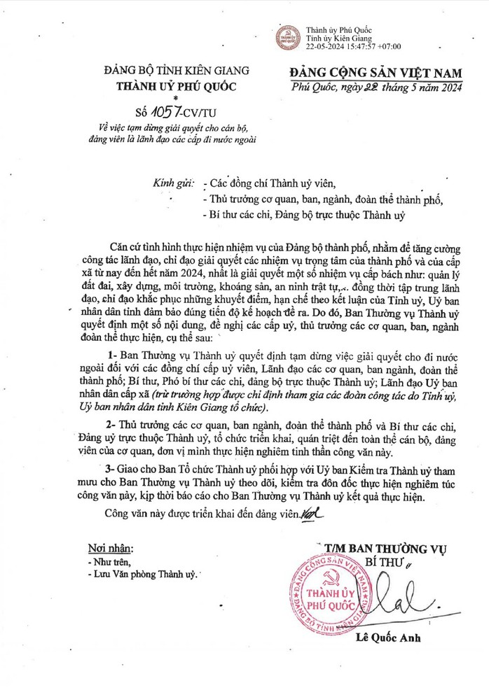 Thành ủy Phú Quốc nói rõ lý do tạm dừng cho cán bộ đi nước ngoài- Ảnh 1. Thành ủy Phú Quốc nói rõ lý do tạm dừng cho cán bộ đi nước ngoài- Ảnh 1.