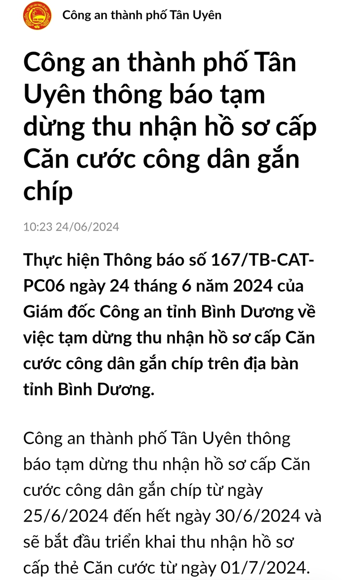Hôm nay 25-6, Công an Bình Dương, Đồng Nai tạm dừng thu nhận hồ sơ cấp CCCD- Ảnh 1.