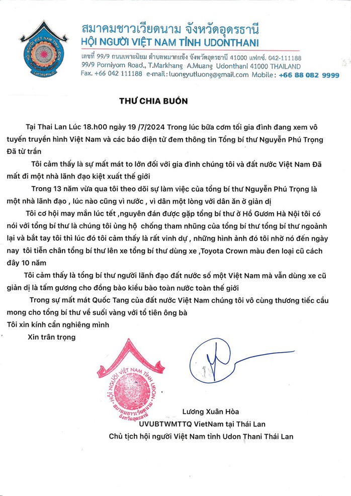 Thư chia buồn của kiều bào trước sự ra đi của Tổng Bí thư Nguyễn Phú Trọng- Ảnh 1. Thư chia buồn của kiều bào trước sự ra đi của Tổng Bí thư Nguyễn Phú Trọng- Ảnh 1.
