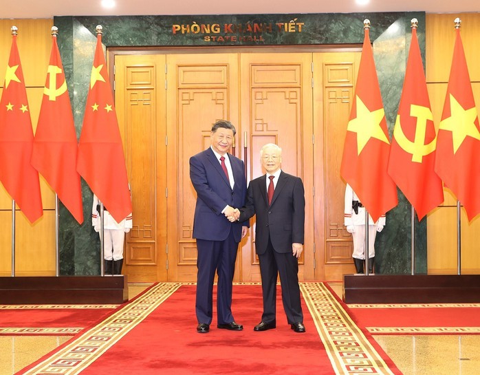 Chiều 12-12-2023, Tổng Bí thư Nguyễn Phú Trọng đón, hội đàm với Tổng Bí thư, Chủ tịch nước Trung Quốc Tập Cận Bình trong chuyến thăm cấp Nhà nước tới Việt NamẢnh: TTXVN Chiều 12-12-2023, Tổng Bí thư Nguyễn Phú Trọng đón, hội đàm với Tổng Bí thư, Chủ tịch nước Trung Quốc Tập Cận Bình trong chuyến thăm cấp Nhà nước tới Việt NamẢnh: TTXVN