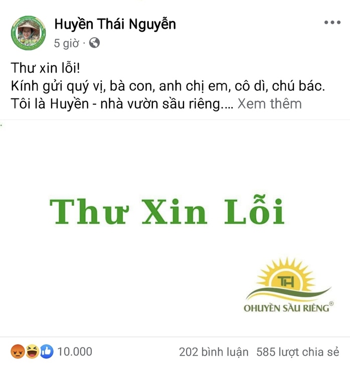 Hậu livestream bán sầu riêng của Hằng Du mục, nhà vườn lên tiếng xin lỗi- Ảnh 1. Hậu livestream bán sầu riêng của Hằng Du mục, nhà vườn lên tiếng xin lỗi- Ảnh 1.