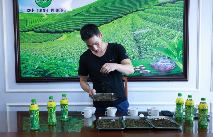 Ông Đặng Quốc Thăng, Phó Giám đốc Công ty TNHH Chè Minh Phương, kiểm tra chất lượng nguyên liệu chè trước khi xuất đi cho Công ty Tân Hiệp Phát Ông Đặng Quốc Thăng, Phó Giám đốc Công ty TNHH Chè Minh Phương, kiểm tra chất lượng nguyên liệu chè trước khi xuất đi cho Công ty Tân Hiệp Phát
