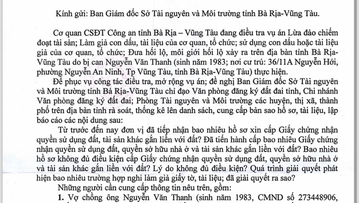 Công an đề nghị cung cấp hồ sơ liên quan đến vụ đưa hối lộ, lừa đảo tại Vũng Tàu- Ảnh 1. Công an đề nghị cung cấp hồ sơ liên quan đến vụ đưa hối lộ, lừa đảo tại Vũng Tàu- Ảnh 1.