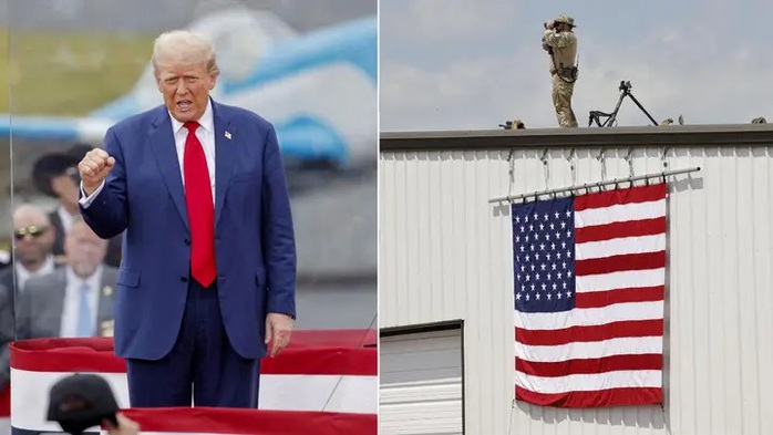 Ảnh bên trái: Cựu Tổng thống Donald Trump vận động tranh cử ở Bắc Carolina sau lớp kính chống đạn. Ảnh bên phải: Tay súng bắn tỉa đang theo dõi sự kiện. Ảnh: Reuters