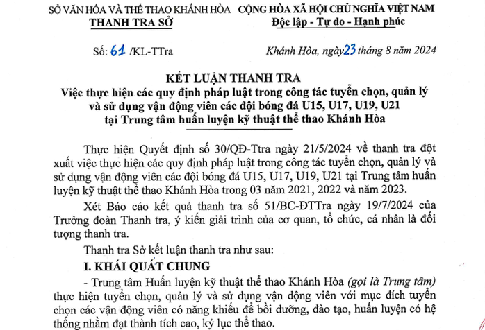 Thanh tra Khánh Hòa: Các vi phạm của HLV Đặng Đạo, Nguyễn Tý có dấu hiệu hình sự- Ảnh 1. Thanh tra Khánh Hòa: Các vi phạm của HLV Đặng Đạo, Nguyễn Tý có dấu hiệu hình sự- Ảnh 1.