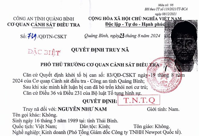 Truy nã Phó Tổng Giám đốc Newpot Quốc tế Nguyễn Như Nam - Ảnh 1. Truy nã Phó Tổng Giám đốc Newpot Quốc tế Nguyễn Như Nam - Ảnh 1.