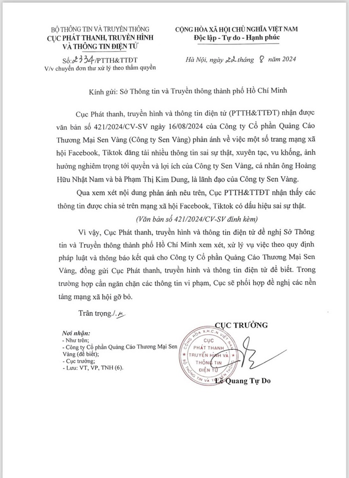 Vụ Sen Vàng bị xuyên tạc: Cục phát thanh, truyền hình và thông tin điện tử vào cuộc- Ảnh 1. Vụ Sen Vàng bị xuyên tạc: Cục phát thanh, truyền hình và thông tin điện tử vào cuộc- Ảnh 1.