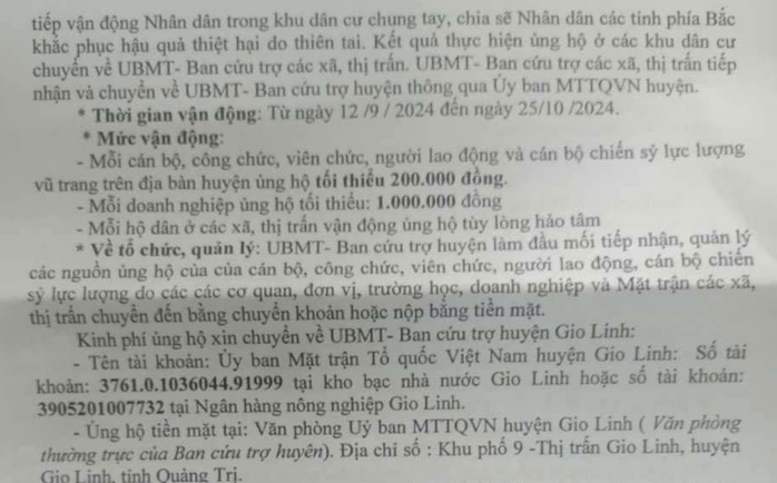 Ủy ban MTTQ huyện Gio Linh, Quảng Trị thu hồi công văn kêu gọi ủng hộ khắc phục mưa bão - Ảnh 1. Ủy ban MTTQ huyện Gio Linh, Quảng Trị thu hồi công văn kêu gọi ủng hộ khắc phục mưa bão - Ảnh 1.