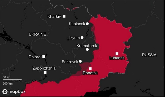 Nga đang kiểm soát nhiều vùng lãnh thổ của Ukraine (màu đỏ). Nguồn: Bloomberg Nga đang kiểm soát nhiều vùng lãnh thổ của Ukraine (màu đỏ). Nguồn: Bloomberg
