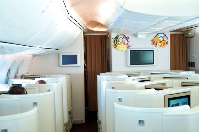 Khoang máy bay được trang trí với những sắc màu tươi tắn của hoa đào, hoa mai, cùng những họa tiết đặc trưng của Tết cổ truyền Khoang máy bay được trang trí với những sắc màu tươi tắn của hoa đào, hoa mai, cùng những họa tiết đặc trưng của Tết cổ truyền