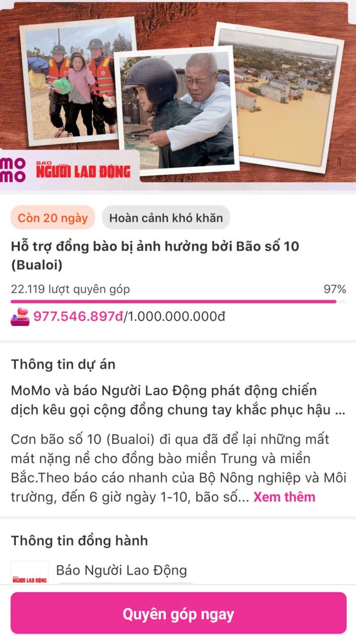 Hơn 970 triệu đồng quyên góp hỗ trợ đồng bào vùng lũ qua MoMo - Ảnh 2. Hơn 970 triệu đồng quyên góp hỗ trợ đồng bào vùng lũ qua MoMo - Ảnh 2.