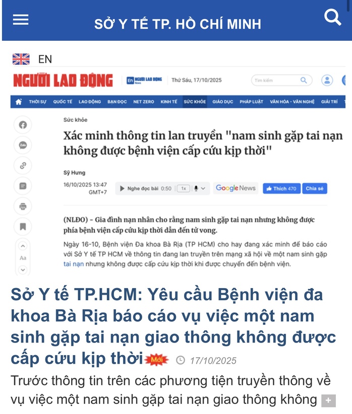Sở Y tế vào cuộc vụ nam sinh bị tai nạn không được bệnh viện cấp cứu - Ảnh 1.