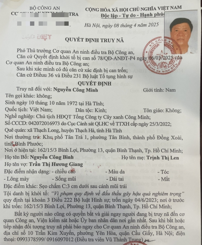 Truy nã đặc biệt Chủ tịch Tổng Công ty Cây xanh Công Minh - Ảnh 1.