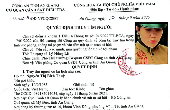 Công an truy tìm Nguyễn Thị Bích thủy trong vụ Lừa đảo 1 , 6 tỉ đồng tại An Giang - Ảnh 1.
