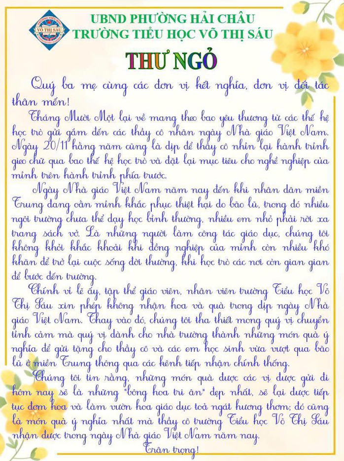 Thư ngỏ cảm động từ trường Tiểu học Võ Thị Sáu trước Ngày Nhà giáo Việt Nam 20 - 11 - Ảnh 2. Thư ngỏ cảm động từ trường Tiểu học Võ Thị Sáu trước Ngày Nhà giáo Việt Nam 20 - 11 - Ảnh 2.