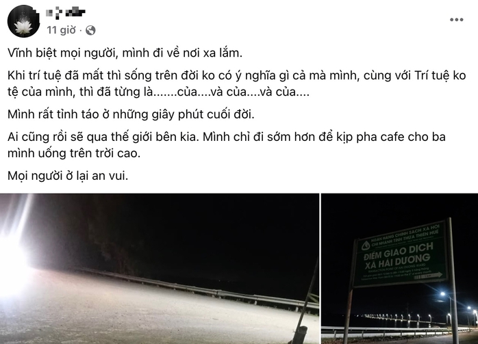 Nam thanh niên tự tử cầu Tam Giang: Dòng trạng thái cuối cùng đầy đau lòng - Ảnh 1. Nam thanh niên tự tử cầu Tam Giang: Dòng trạng thái cuối cùng đầy đau lòng - Ảnh 1.