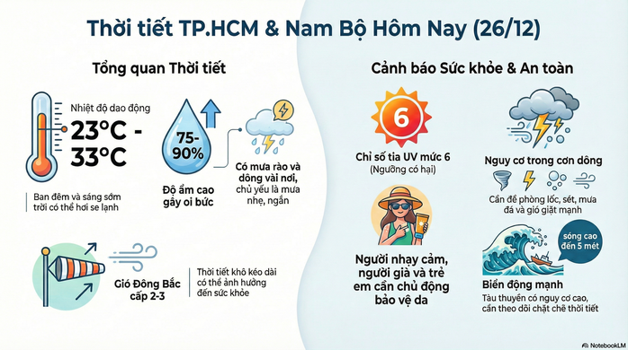Dự b&aacute;o thời tiết h&ocirc;m nay, 26-12: TPHCM v&agrave; Nam Bộ ng&agrave;y nắng, mưa nhẹ v&agrave;i nơi - Ảnh 2.