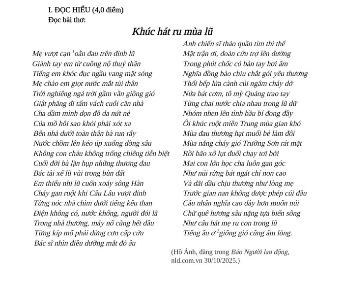 Thơ về thi&ecirc;n tai miền Trung đăng b&aacute;o Người Lao Động v&agrave;o đề thi Ngữ văn lớp 12 - Ảnh 1.