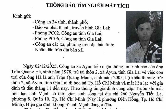 Gia Lai: Tìm kiếm nam sinh viên mất liên lạc gần 1 tháng - Ảnh 1.