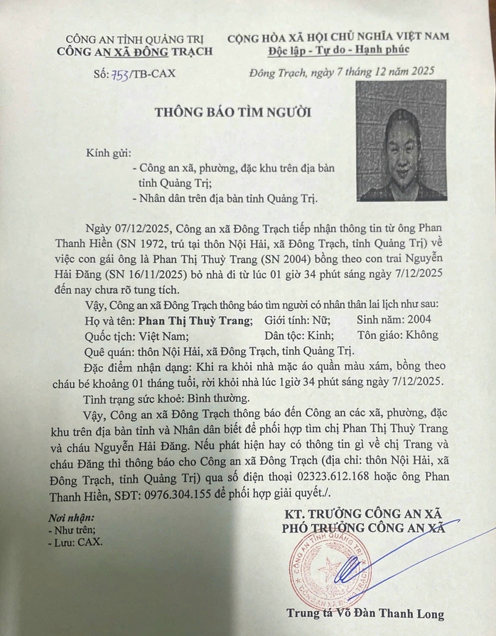 Mẹ trẻ bế con sơ sinh mất tích bí ẩn lúc 1 giờ sáng tại Quảng Trị - Ảnh 1.