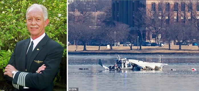 Cơ trưởng Chesley "Sully" Sullenberger (trái). Máy bay chở khách của hãng American Airlines va chạm với trực thăng, rơi xuống sông Potomac gần thủ đô Washington. Ảnh: EPA