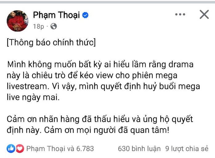 Phạm Thoại tuyên bố hủy phiên Mega Live bán hàng ngày 28-2- Ảnh 2. Phạm Thoại tuyên bố hủy phiên Mega Live bán hàng ngày 28-2- Ảnh 2.