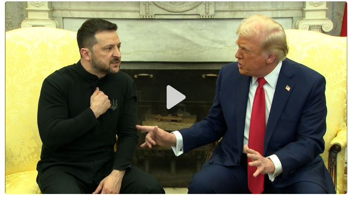 Tổng thống Mỹ Donald Trump (phải) và người đồng cấp Ukraine Volodymyr Zelensky trong cuộc hội đàm tại Phòng Bầu dục hôm 28-2 - Ảnh cắt từ video trên CNN Tổng thống Mỹ Donald Trump (phải) và người đồng cấp Ukraine Volodymyr Zelensky trong cuộc hội đàm tại Phòng Bầu dục hôm 28-2 - Ảnh cắt từ video trên CNN
