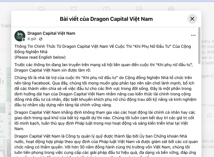 Dragon Capital dính lùm xùm về cuộc thi "Khi phụ nữ đầu tư"- Ảnh 1. Dragon Capital dính lùm xùm về cuộc thi "Khi phụ nữ đầu tư"- Ảnh 1.